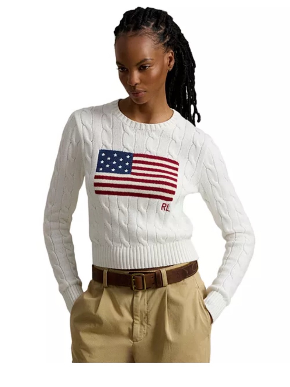 Ralph Lauren White Cable-Knit Crewneck with Flag Patch